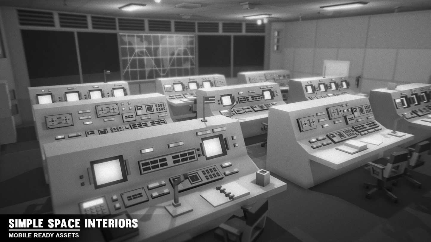 Black and white filter over a low poly mission control station for spacecraft