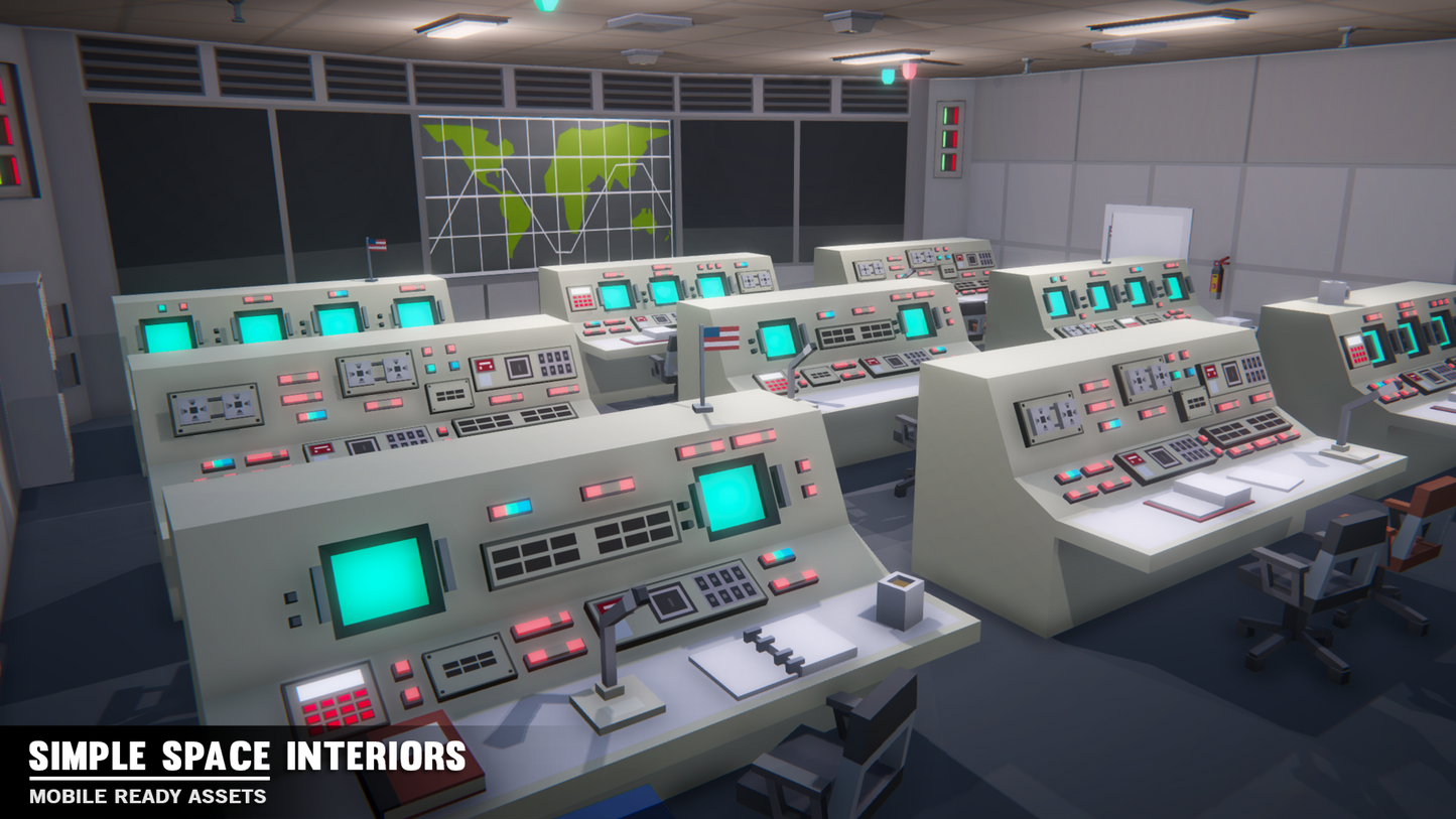 Low poly mission control office for managing spaceships