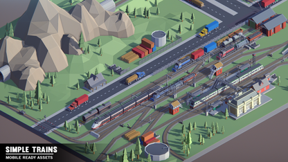 Simple Trains environment example with a fully built train station and mountain environment assets built around it