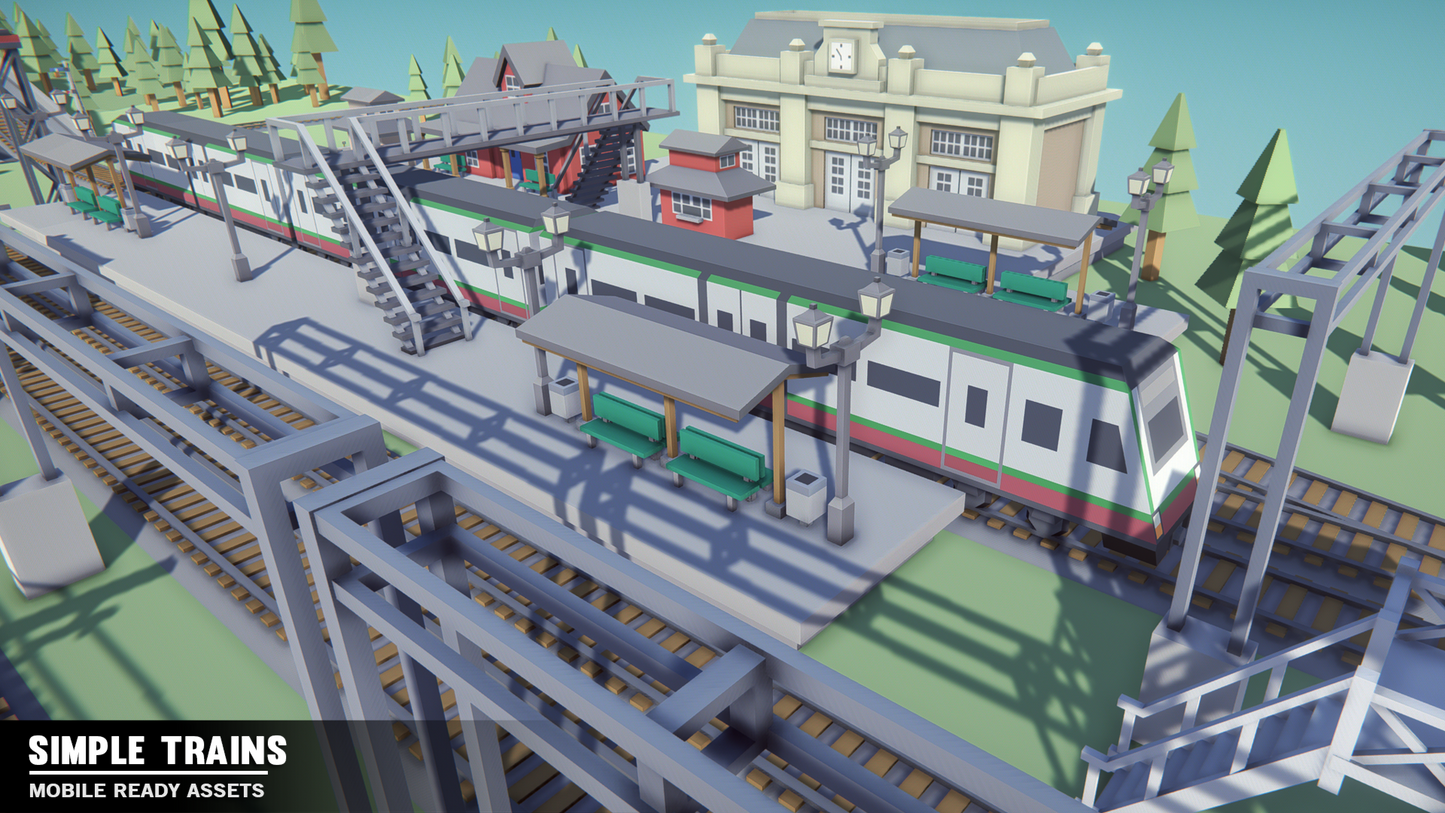 Aeriel view of a low poly train station with a public train pulling up to the station