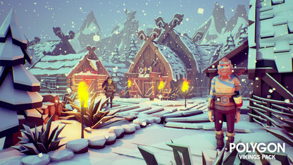 Two low poly viking warriors standing outside their longhouses in the snow