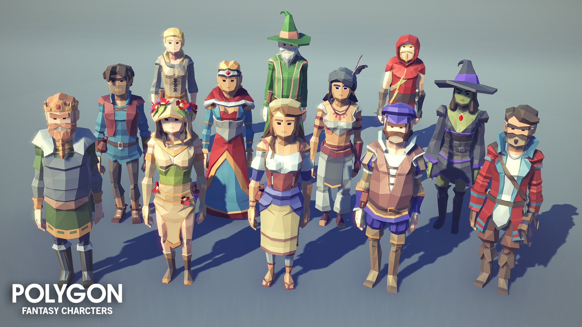 Fantasy character objects showcasing different clothing skins and texture options