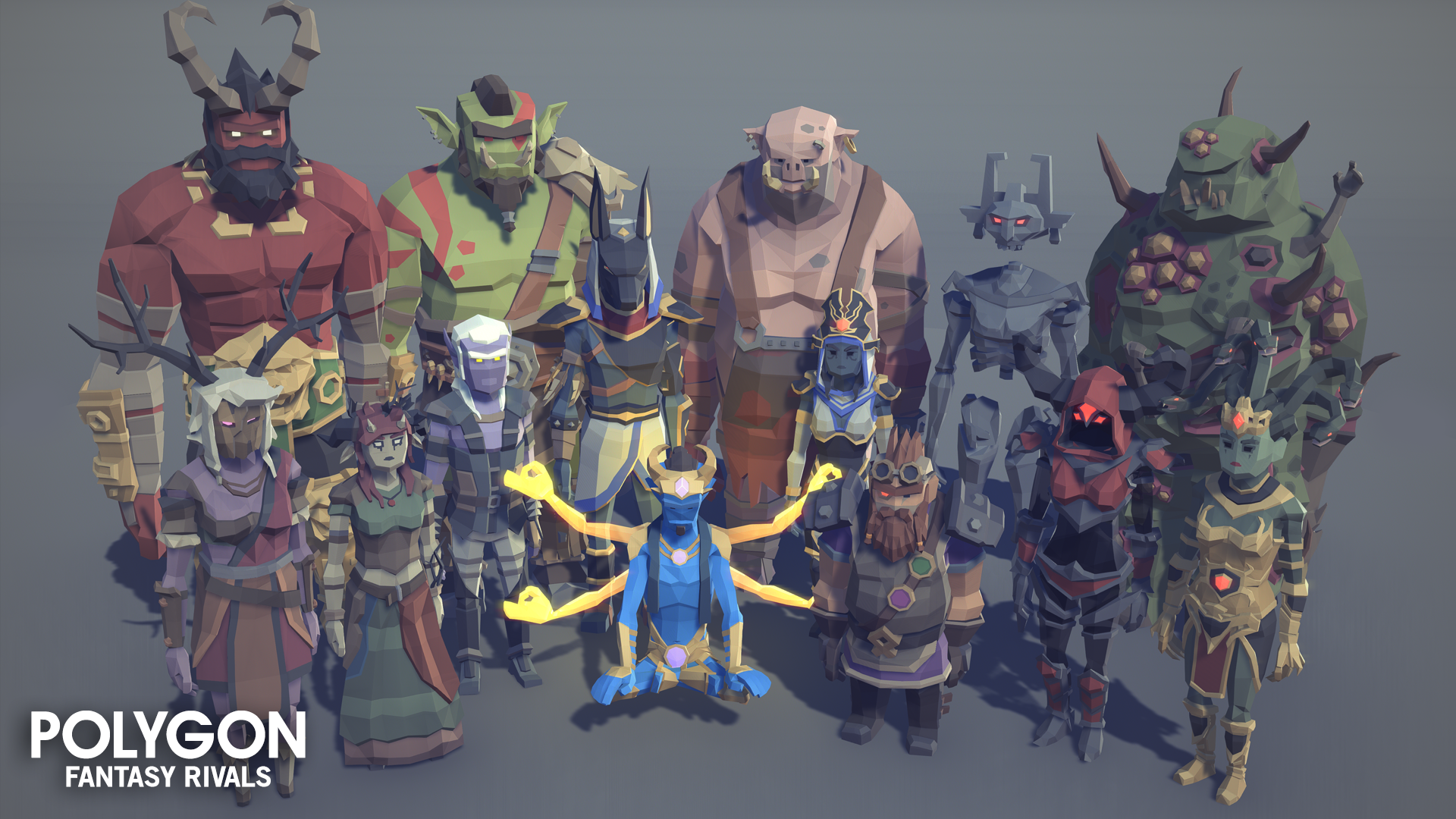 Low poly characters, gods and myth creatures standing next to one another