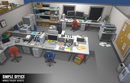 An office environment designed with modular Simple Office mobile ready game assets