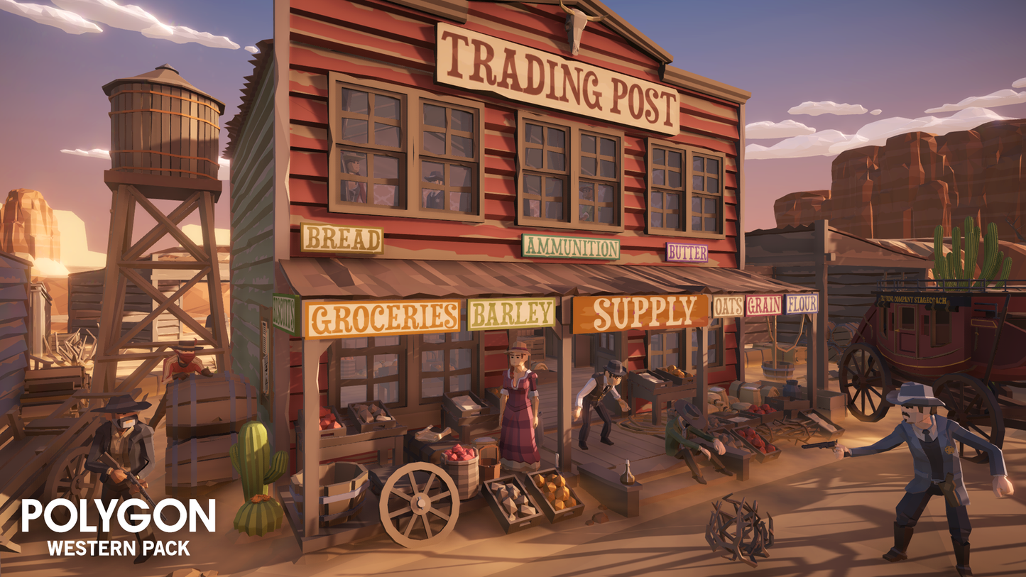 Western town 3D trading post building with cowboys and townsfolk standing outside