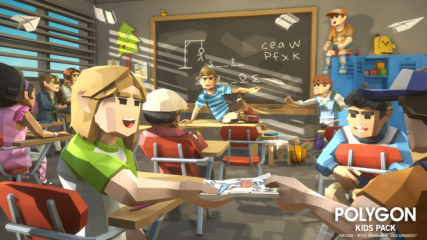 3D game asset characters of school children misbehaving in a classroom without their teacher present