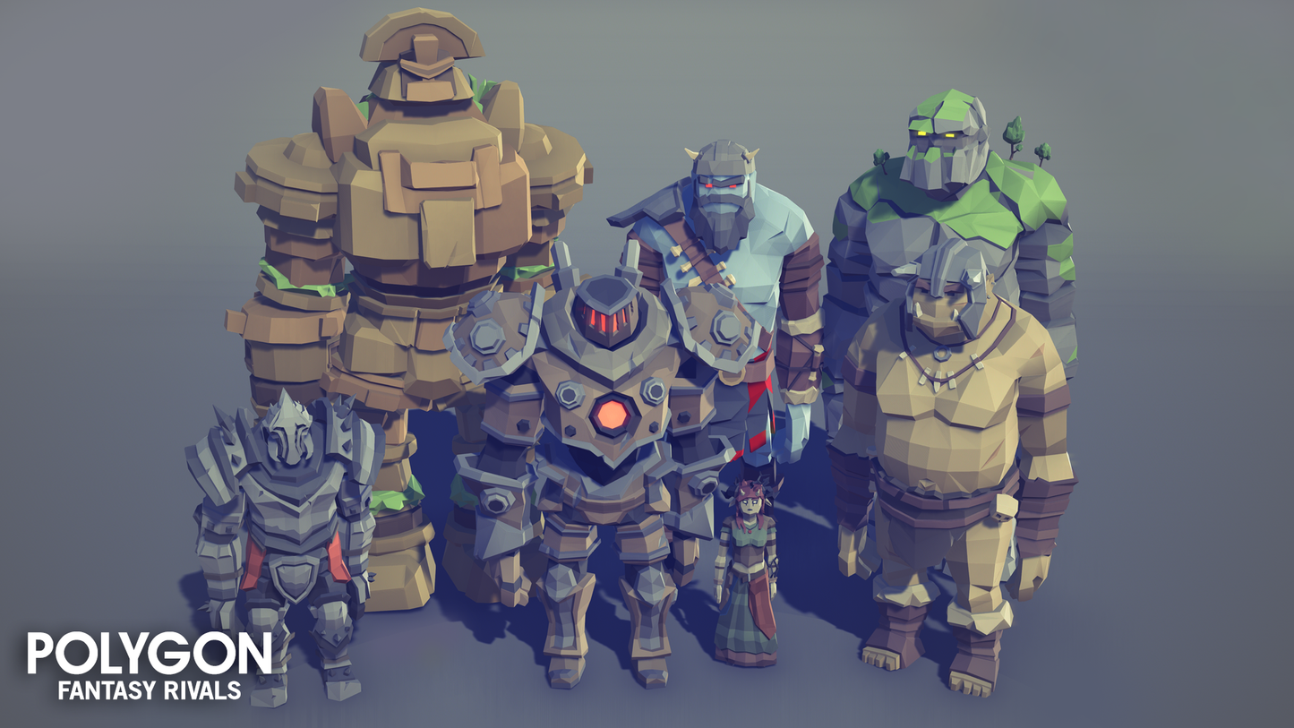 Seven low poly fantasy characters standin next to one another