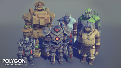 Seven low poly fantasy characters standin next to one another