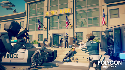 Police and bank robber character assets firing their guns at one another outside a bank building