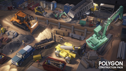 Construction game assets including vehicles and work site objects and textures