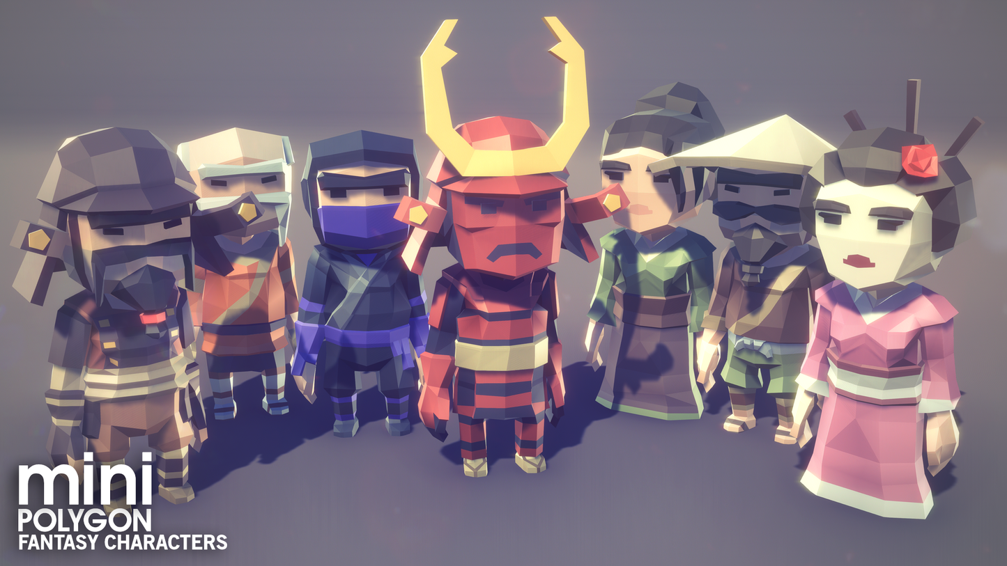 Miniature fantasy characters including ninja warriors and samurai for mobile game development