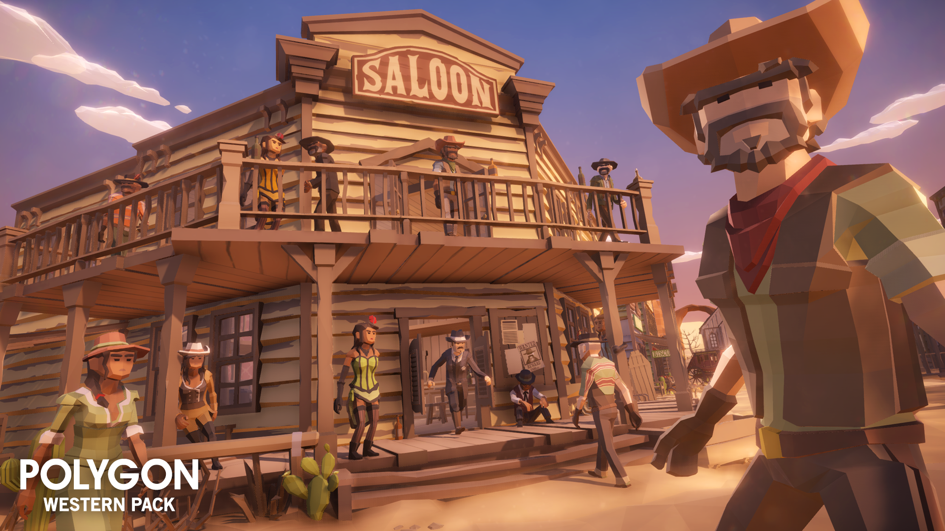 Cowboys and cowgirls entering and leaving a western town saloon