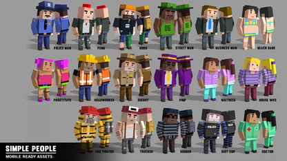 Simple People low poly character asset options including police man, punk, roadworker, fire fighter and doctor