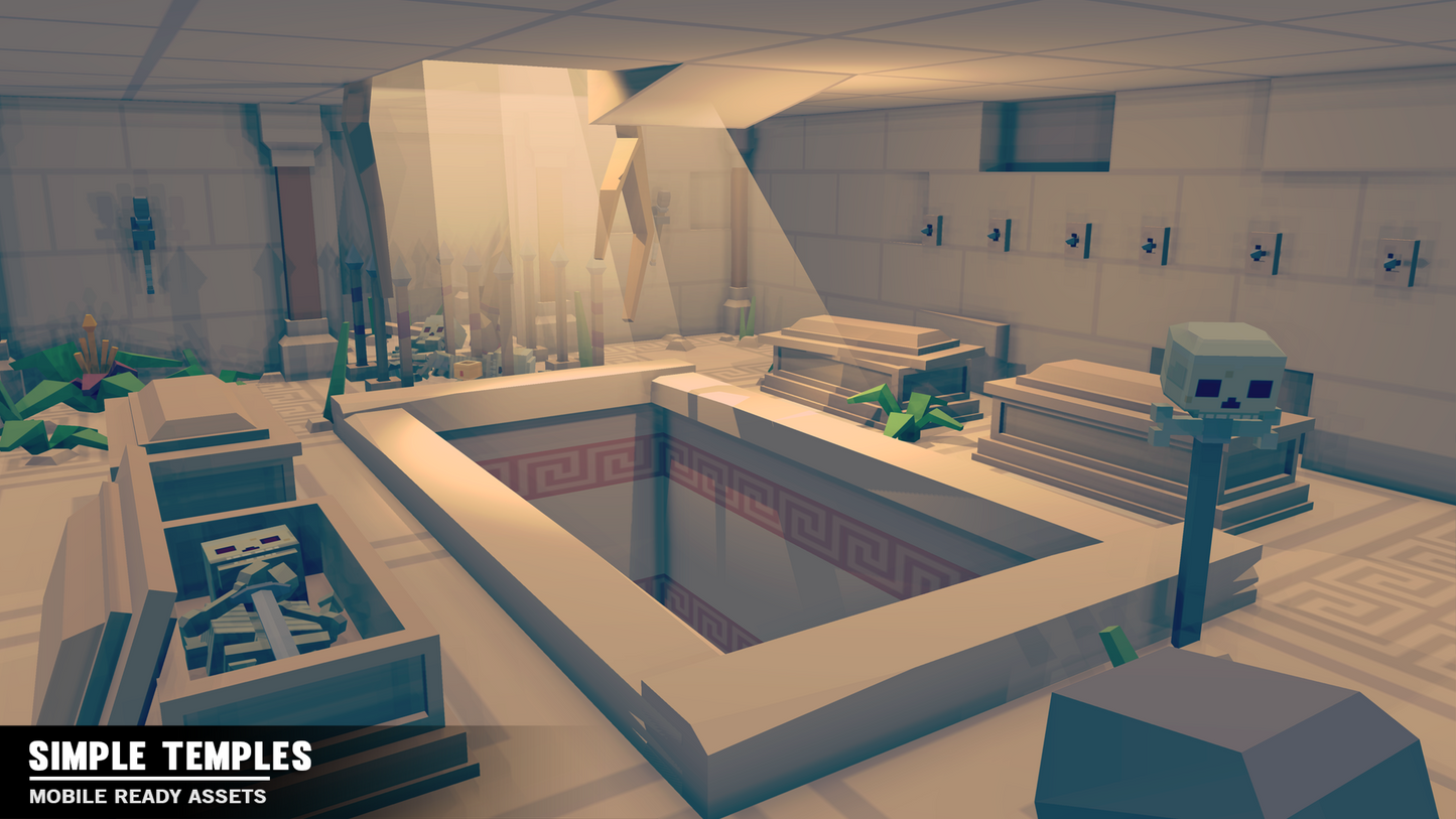 Low poly temple tomb with sarcophagus and skulls spread across the room