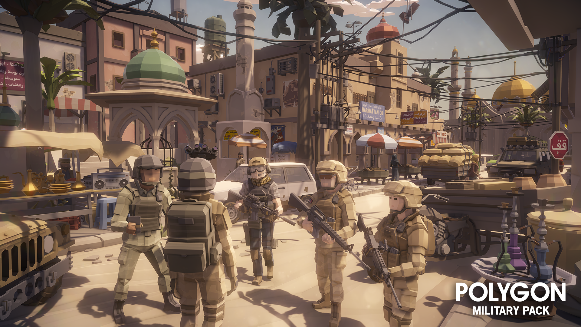 Low poly military personnel talking in a group while on guard at a city roadblock