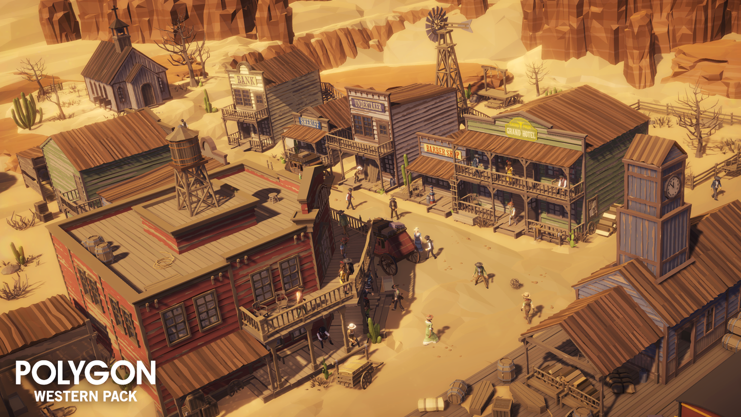 Aerial view of a western town game level featuring barber shops, saloons, hotels and a sheriffs office