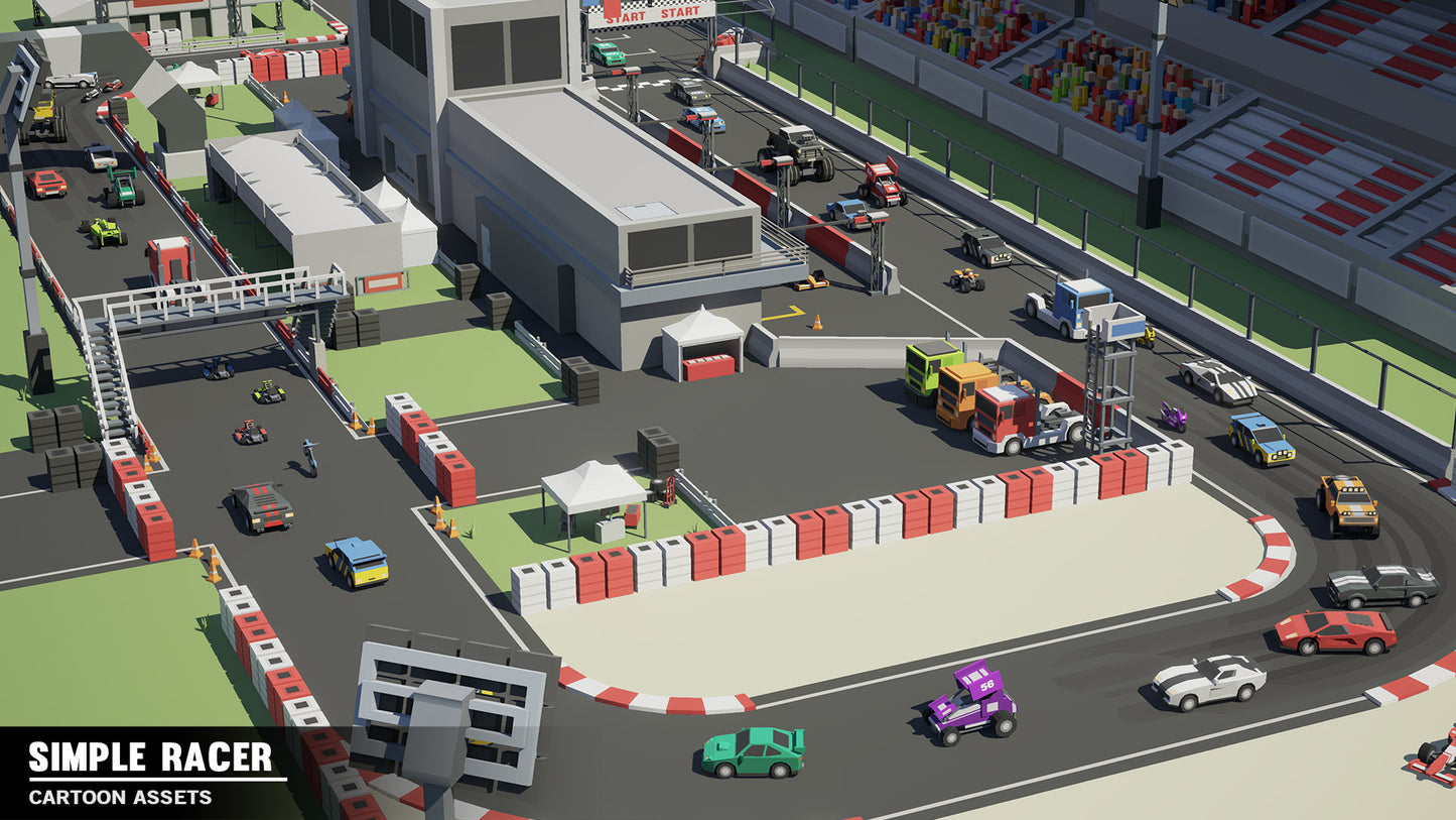 A race track with different car models driving around