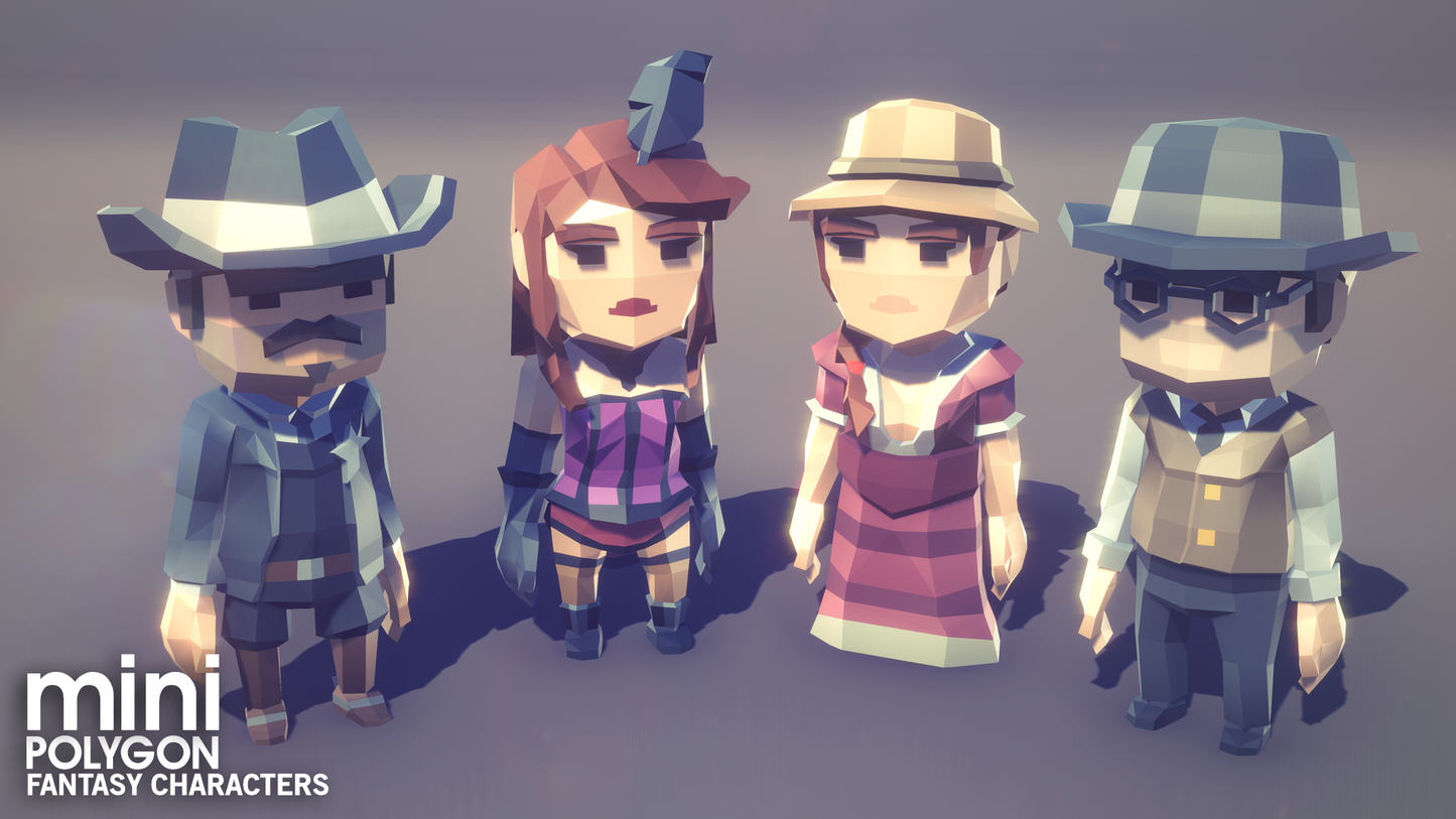 Miniature fantasy characters including western townfolk and cowboys for mobile game development