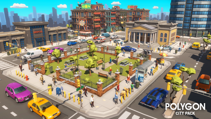 Low poly city park and pedestrians