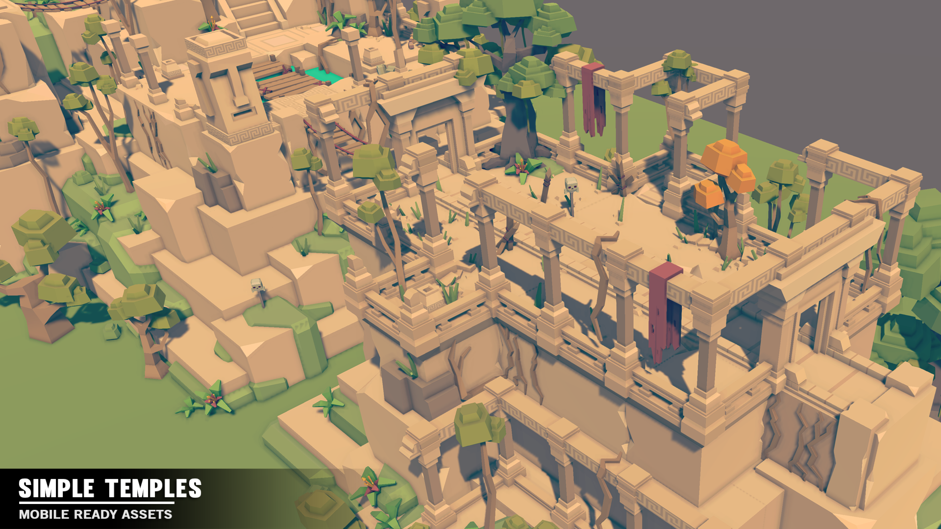 Low poly temple walls crumbling and vines climbing up the broken walls and pillars