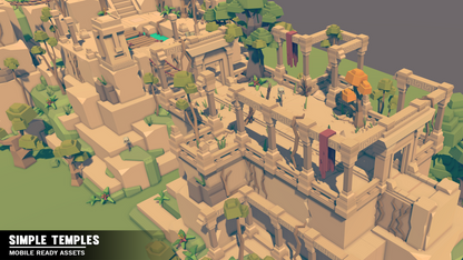 Low poly temple walls crumbling and vines climbing up the broken walls and pillars