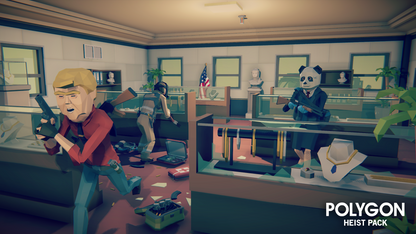 Low poly 3D criminals with masks robbing a jewelry store