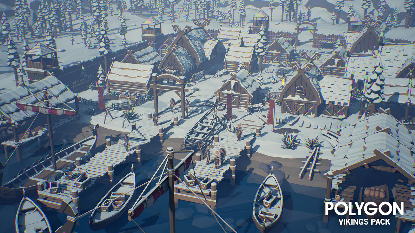 Low poly snow textures and ice covering a viking village and their homes