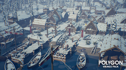 Low poly snow textures and ice covering a viking village and their homes