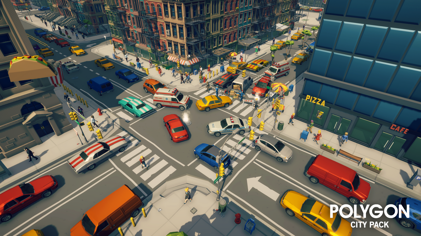 Low poly emergency response characters and vehicles in a densely popuplated city