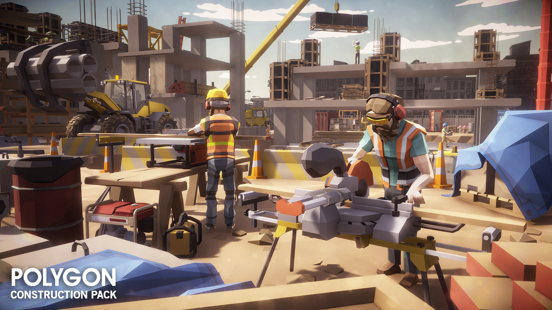 Game characters working on power tools with low poly building assets in the background