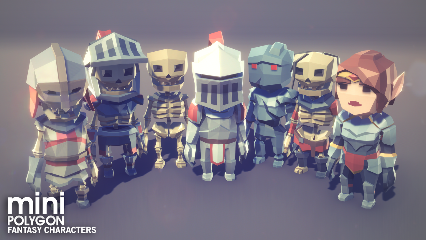 Miniature fantasy characters including skeleton warriors and armoured knights for mobile game development