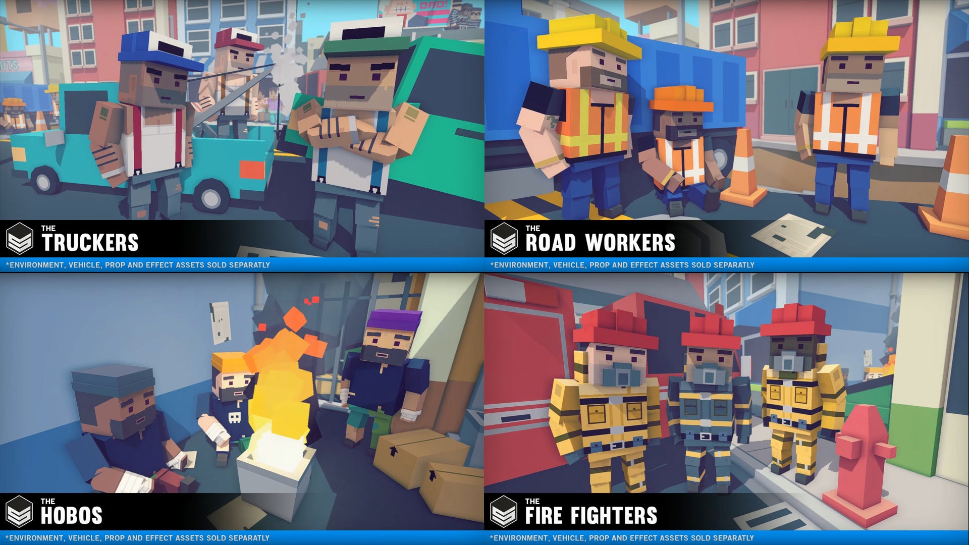 Four examples of character assets from the Simple People asset pack including truckers, road workers, hobos and fire fighters