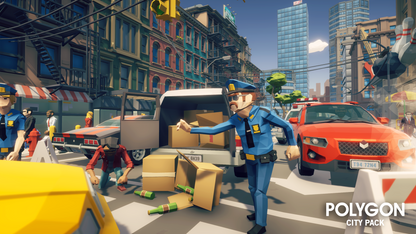 Low poly city accident with a policeman directing traffic next to a van with spilled cargo in the street