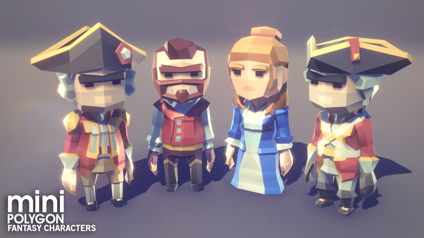 Miniature fantasy characters including Victorian soldiers and ship captains for mobile game development