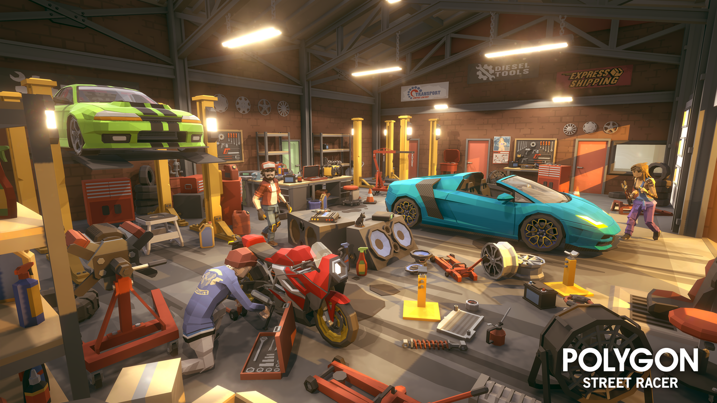 Interior view of a car body shop with mechanics working on racing bikes and street racing cars