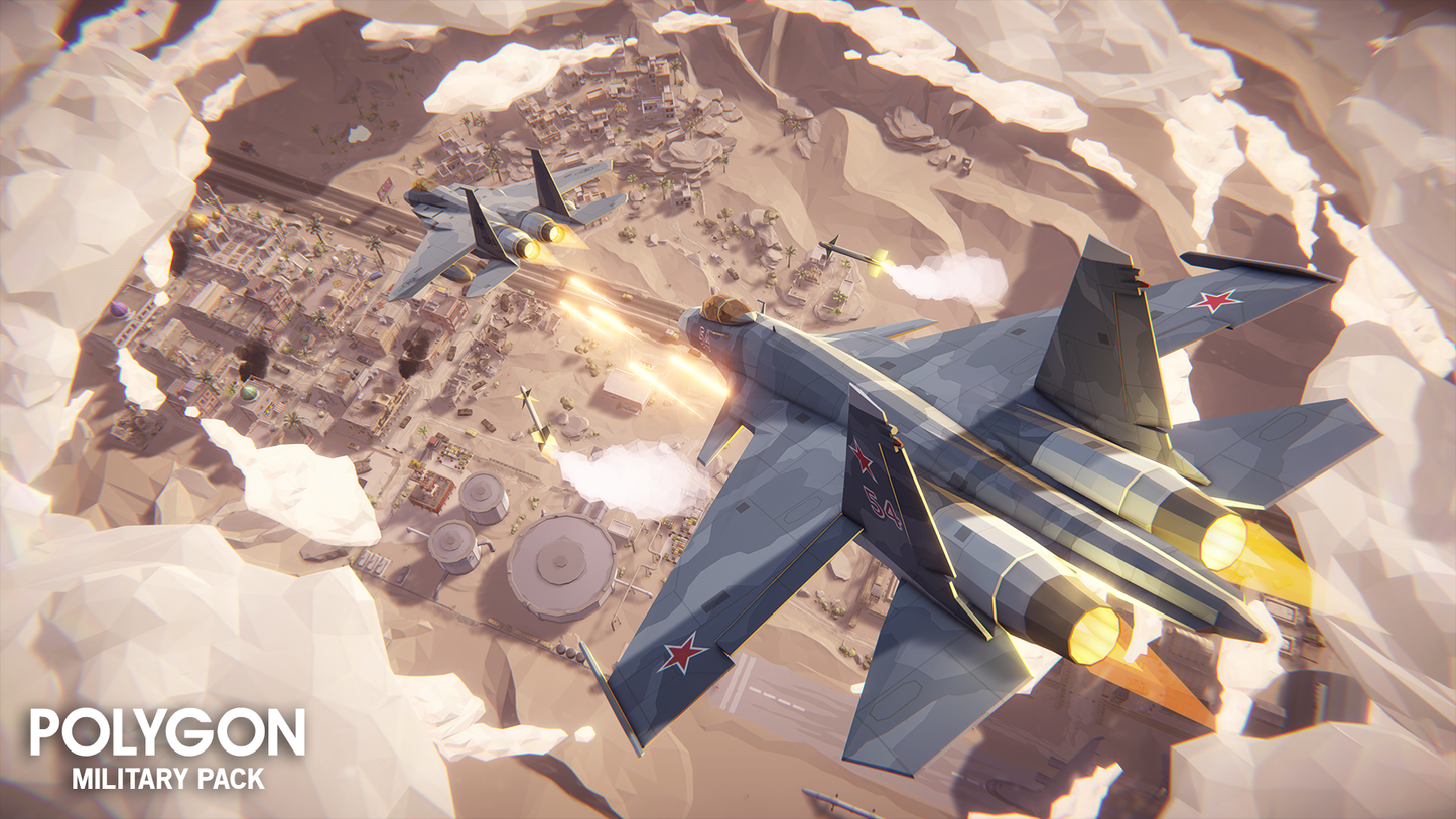 A low poly 3D jet firing its machine gun and rockets at another jet above a city in the desert