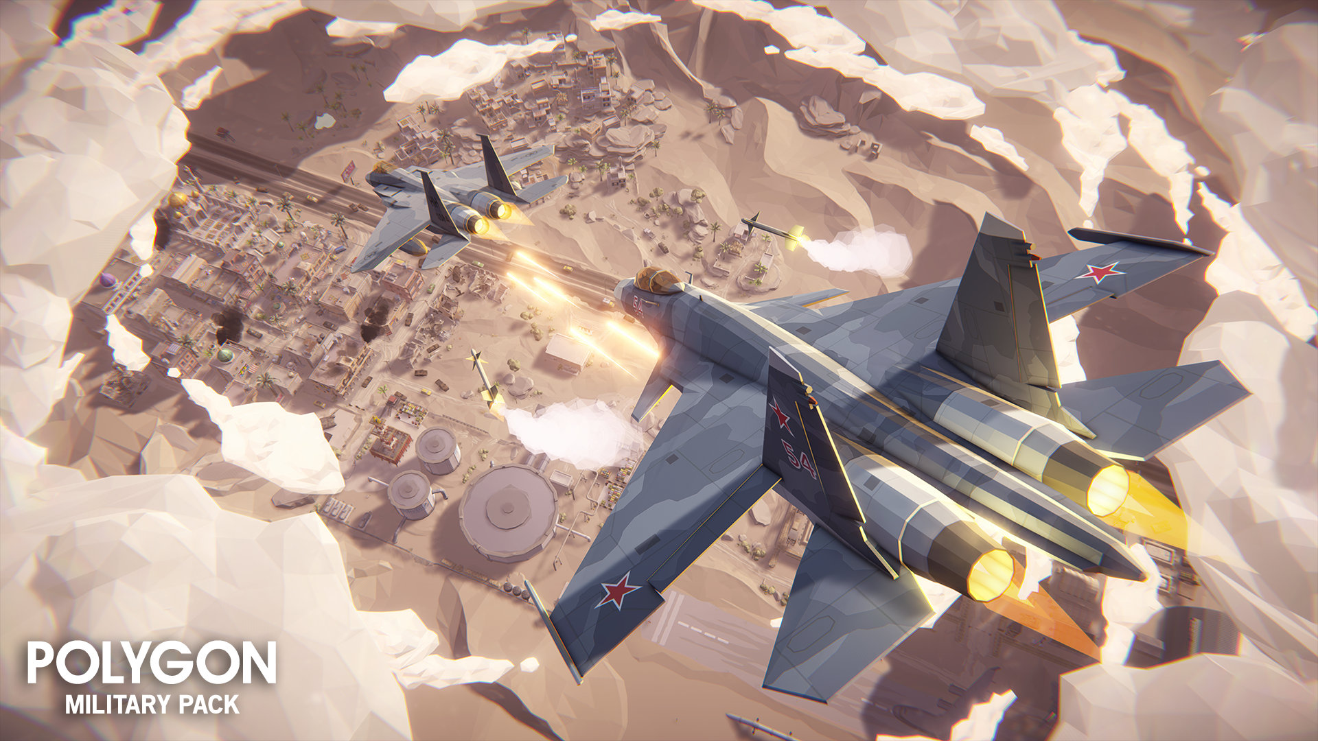 A low poly 3D jet firing its machine gun and rockets at another jet above a city in the desert