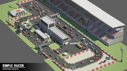 A large race track displaying all of the car and bike options from the Simple Racer Pack