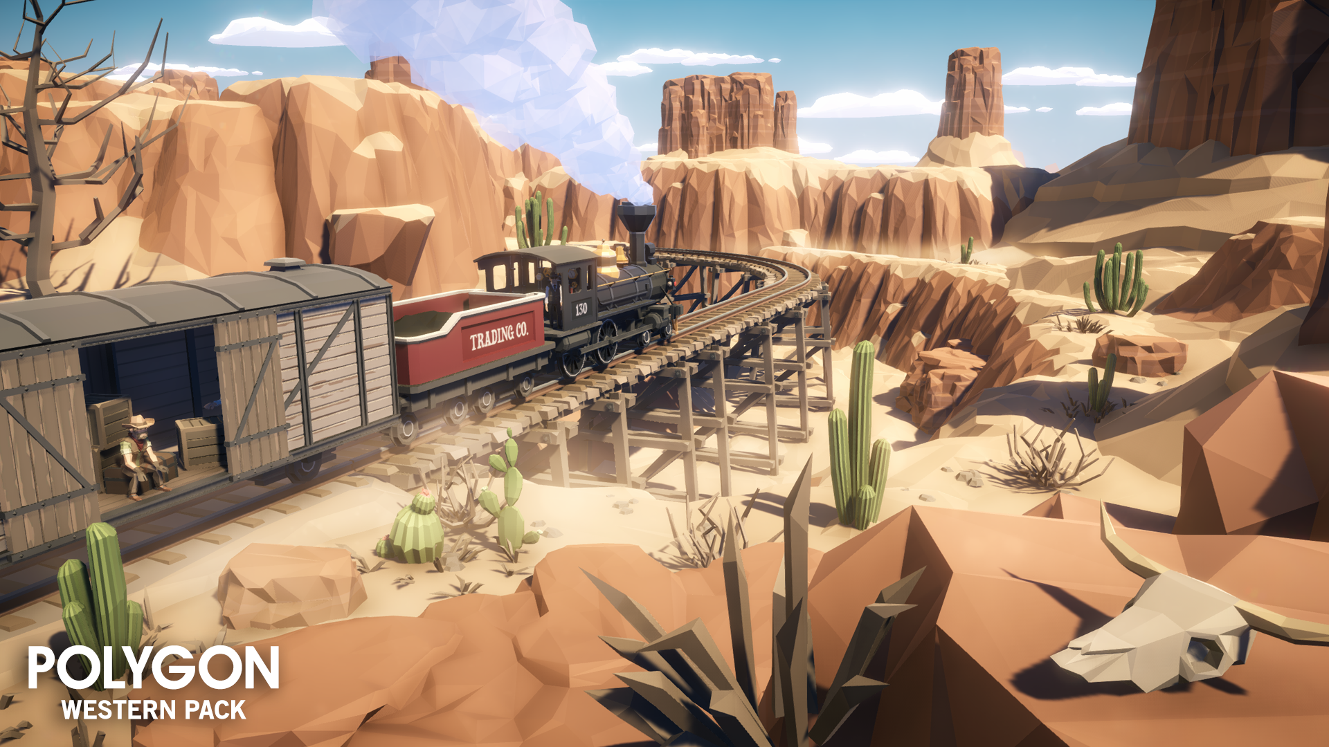 A supply train passing through a western desert with cowboys standing on guard in the train compartments