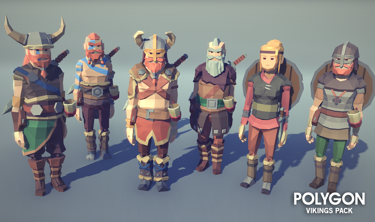 Six lkw poly viking character assets showcasing different gender options and clothing styles