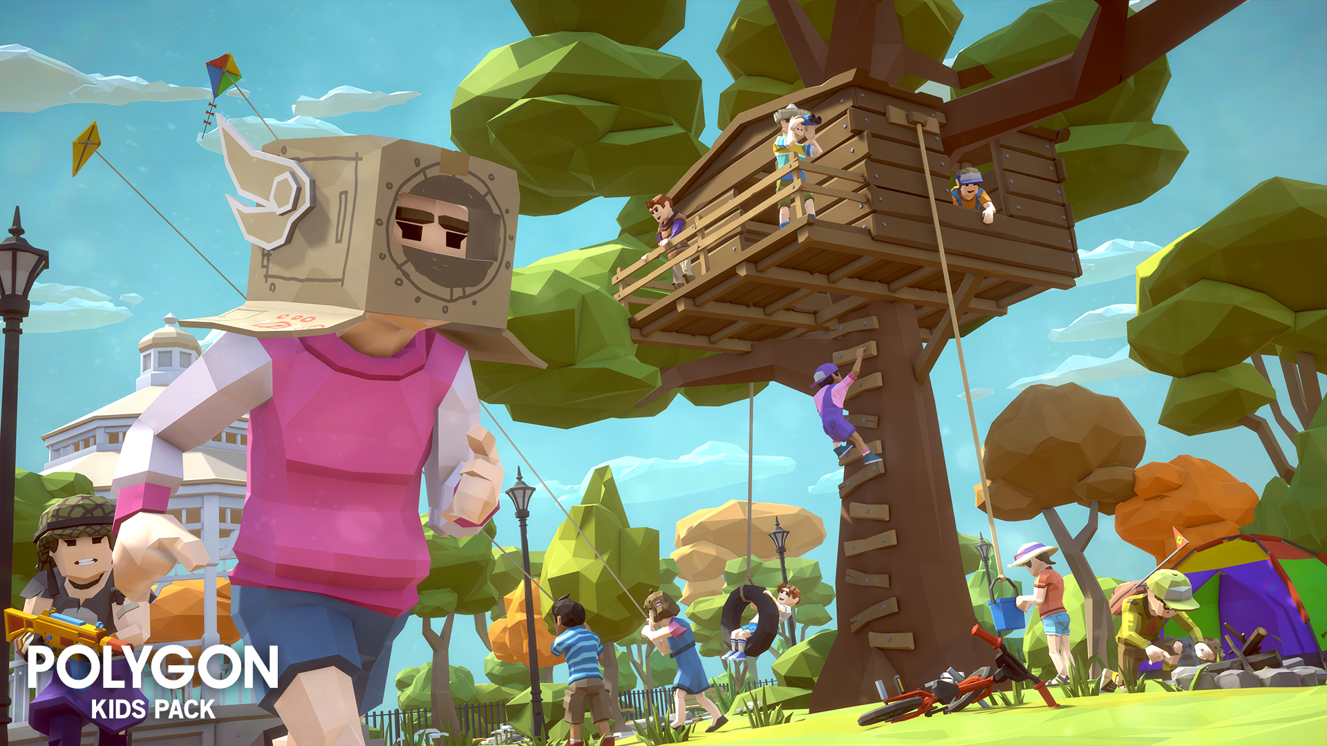 Low poly 3D game kid characters playing in and around a treehouse at school