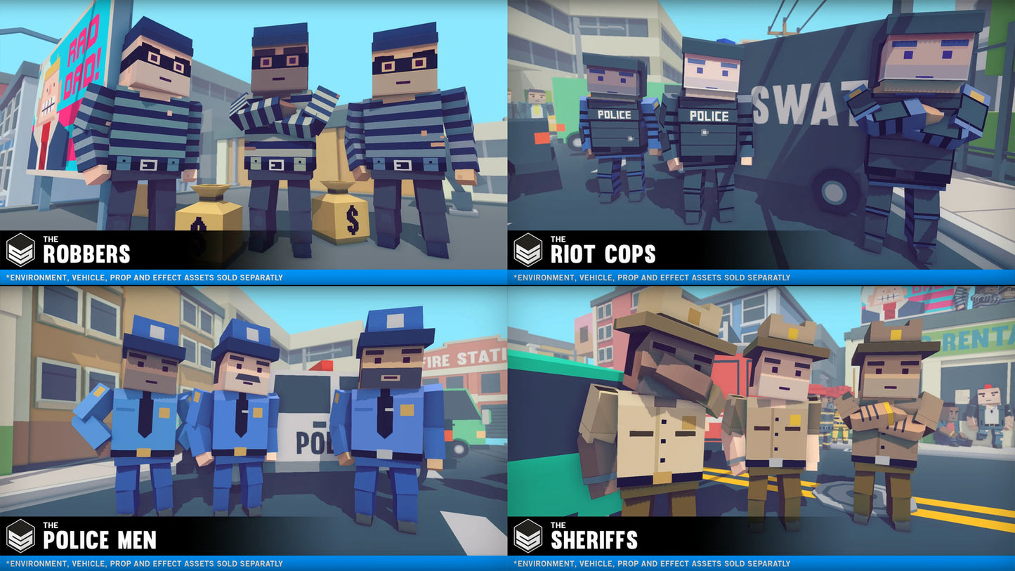 Four examples of character assets from the Simple People Pack including robbers, riot cops, police men and sheriffs