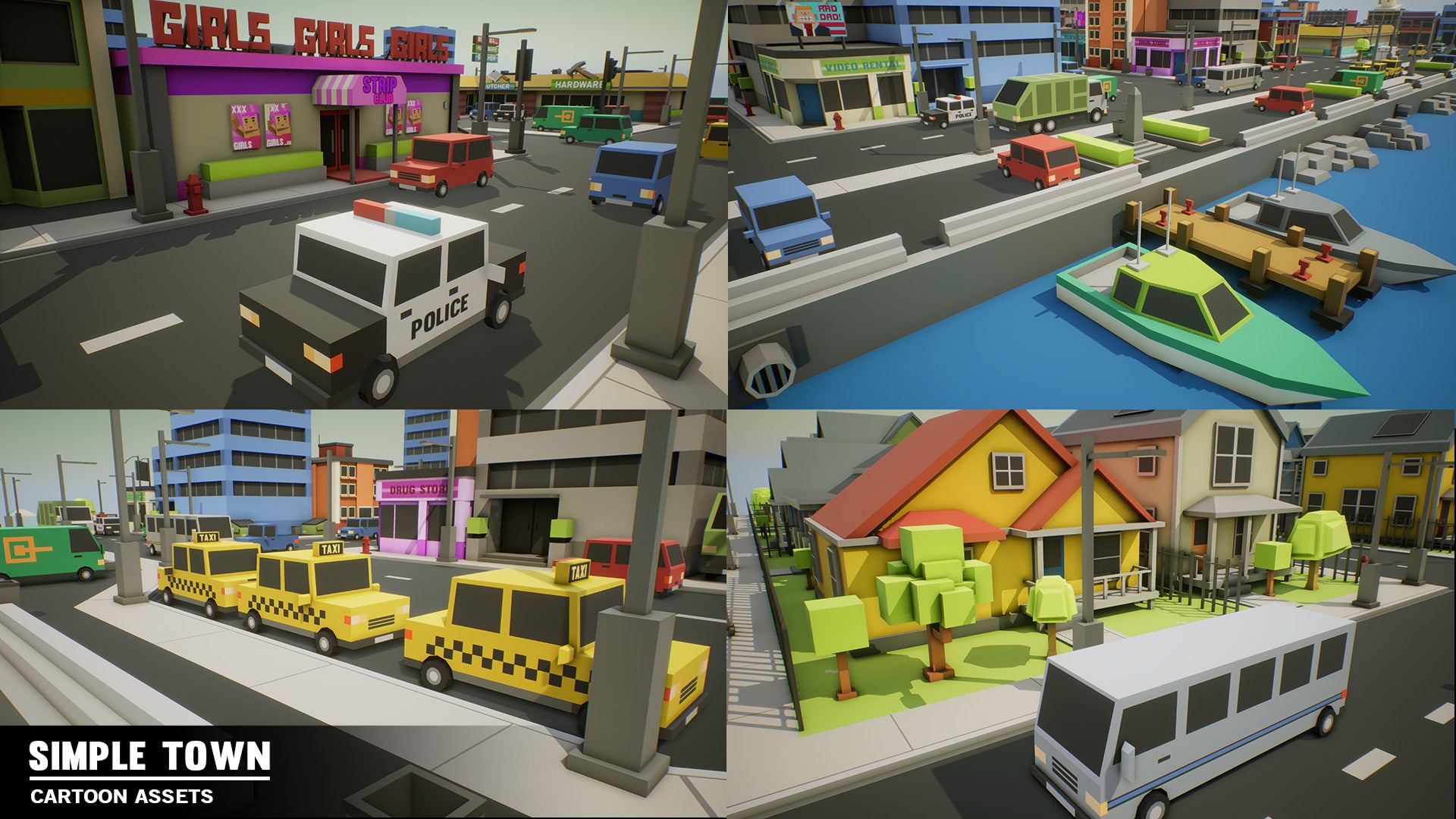 Simple low poly textured town asset examples