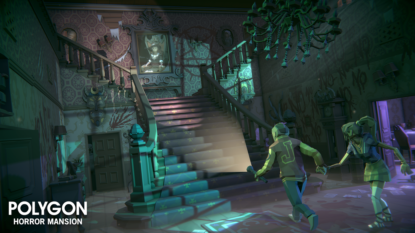 Two characters entering a horror mansion with a flashlight and are making their way towards the staircase