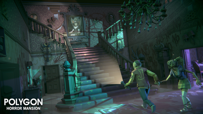 Two characters entering a horror mansion with a flashlight and are making their way towards the staircase