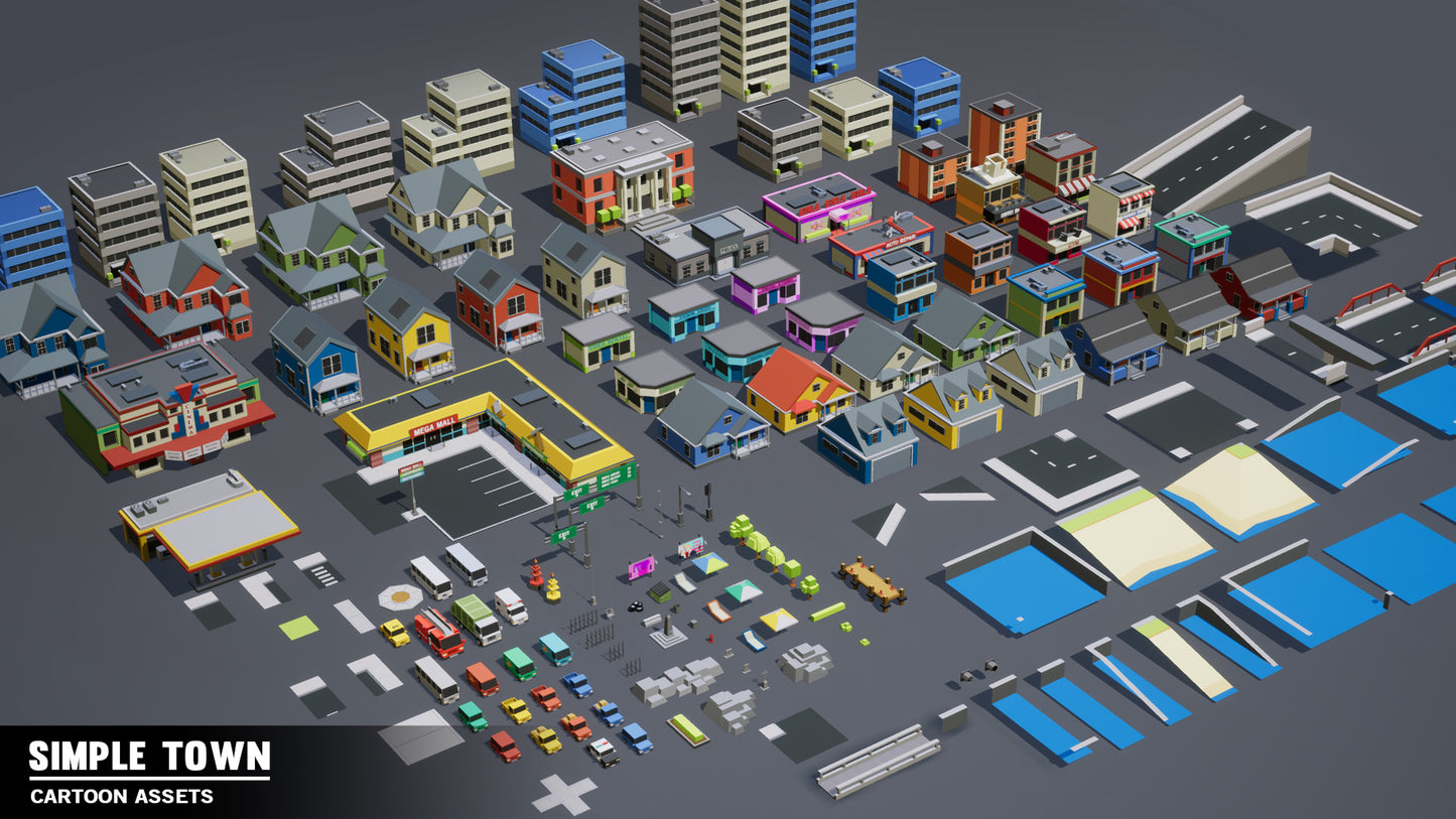 Simple Town asset examles including buildings, houses, cars, roads and street signage