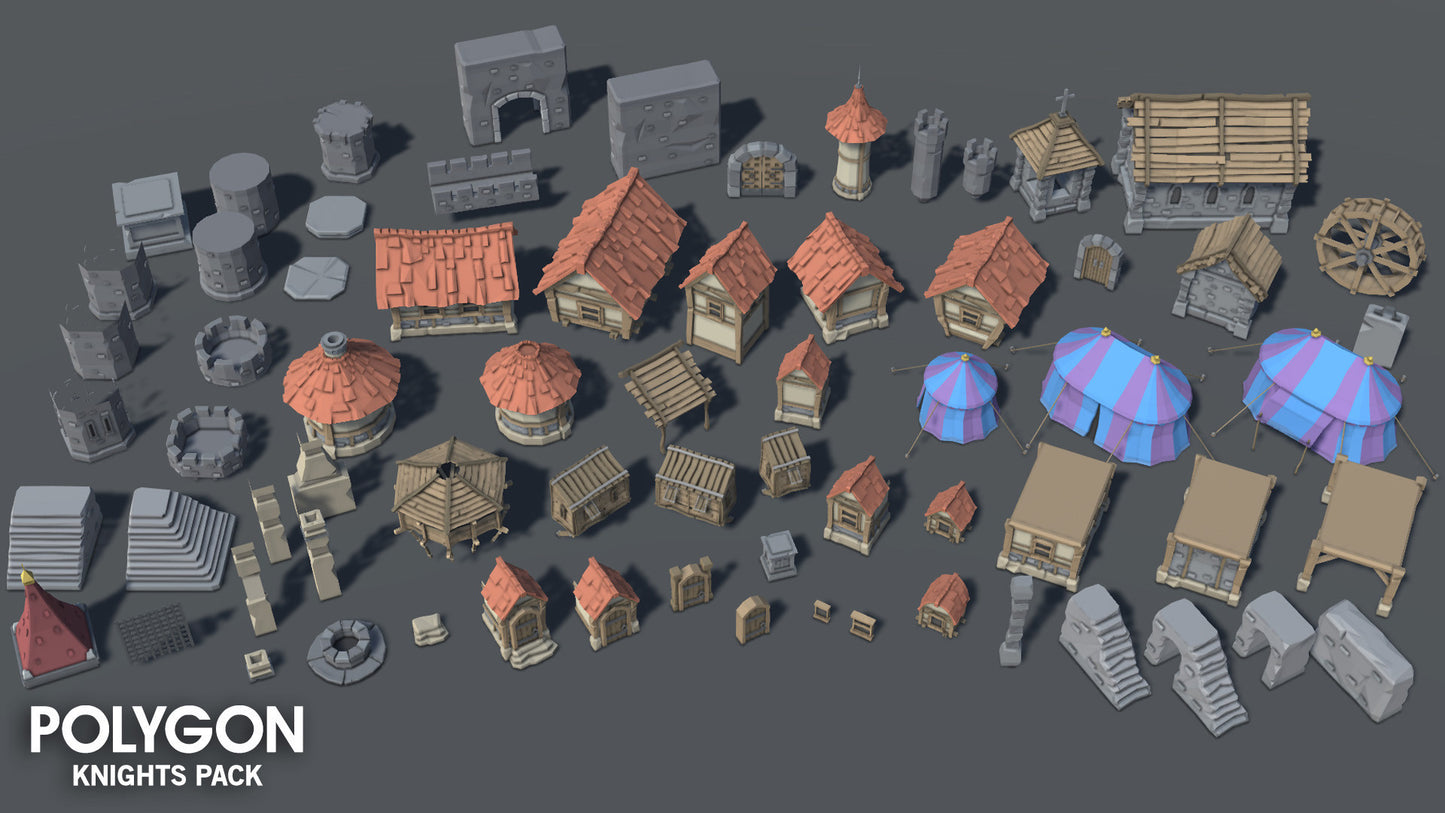  3D low poly medieval town and city building assets including winding stone stairs, tents, houses and stone and wooden walls