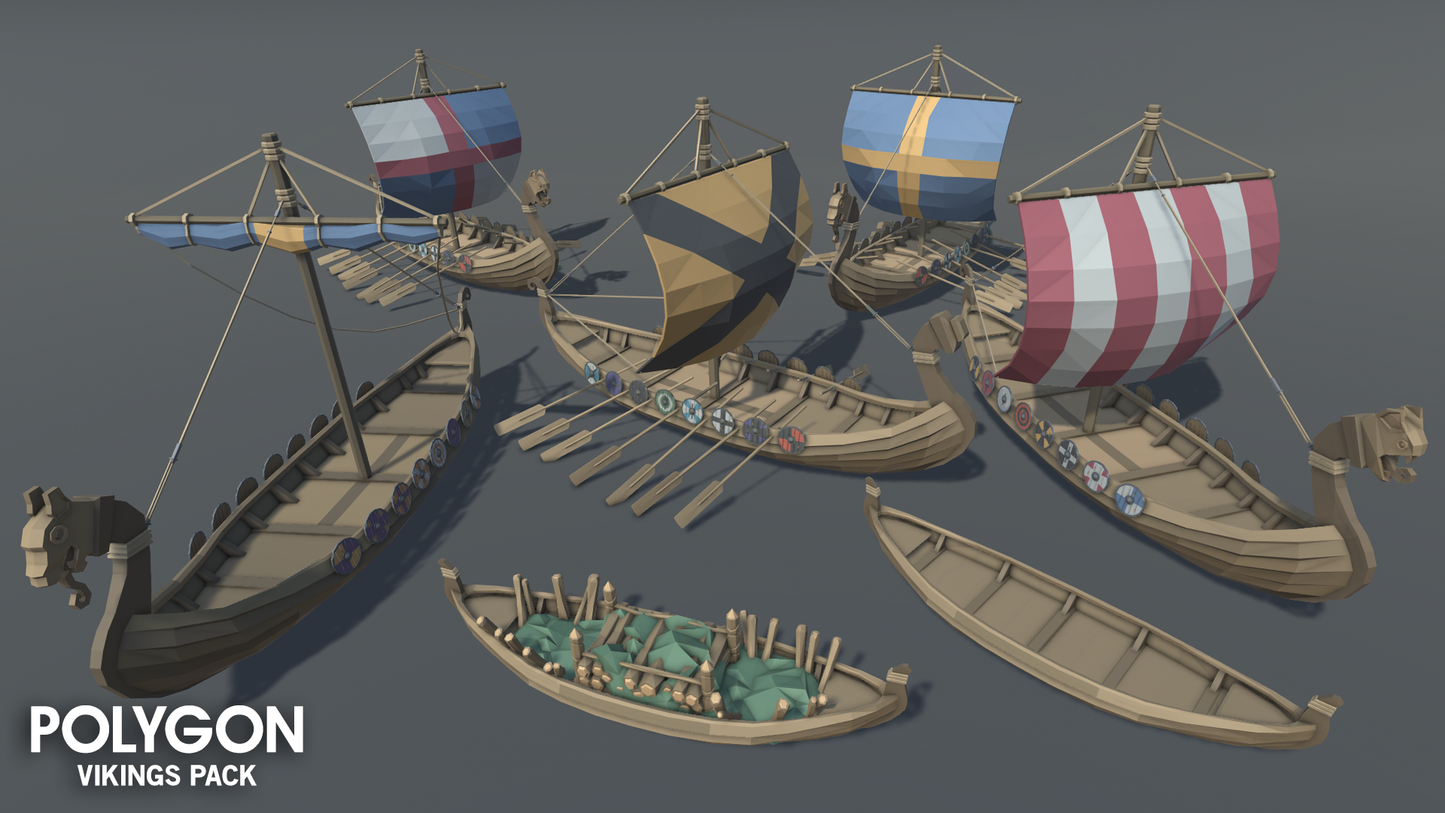 Low poly viking boats showcasing different designs, shapes and sizes