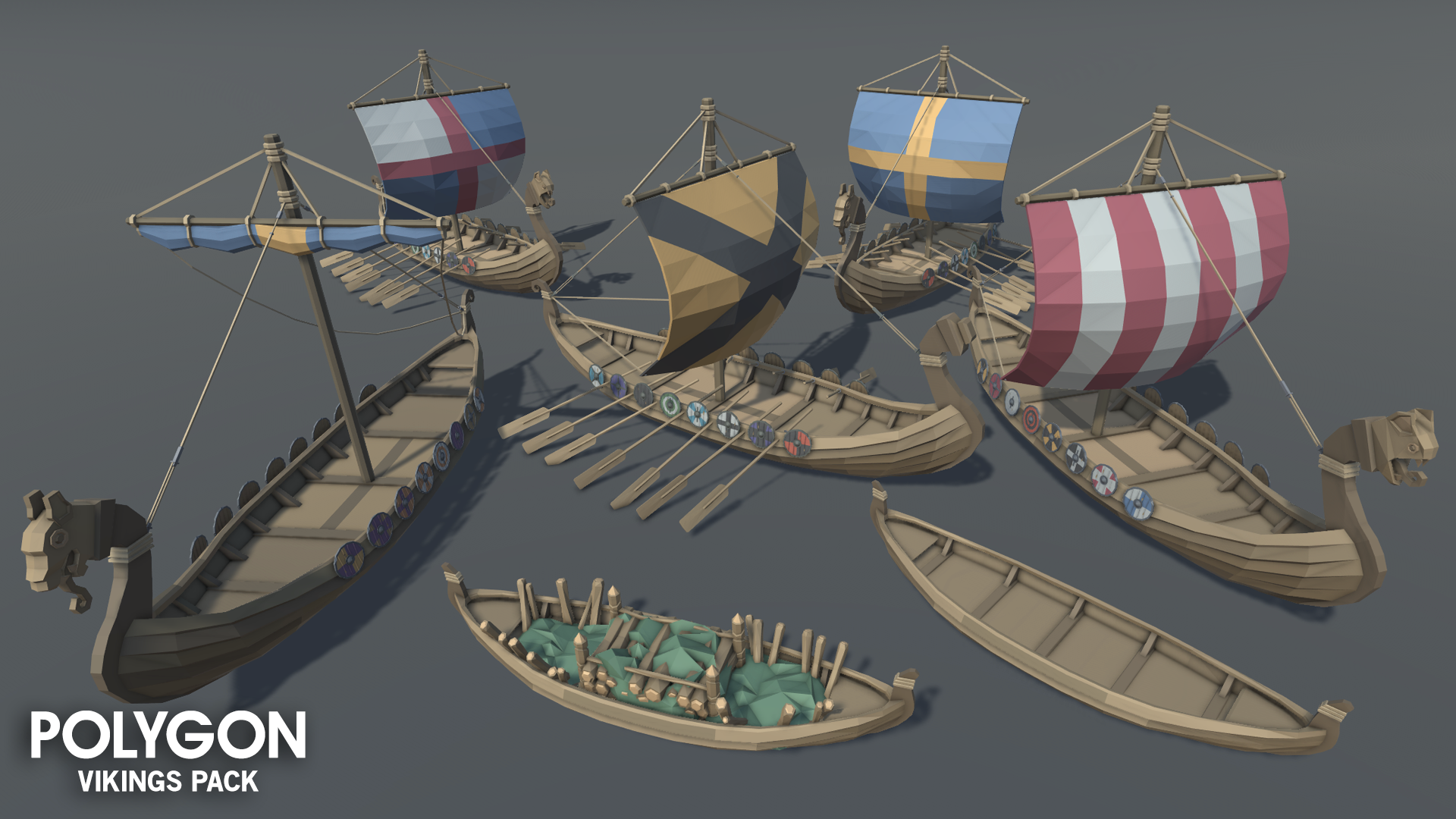 Low poly viking boats showcasing different designs, shapes and sizes