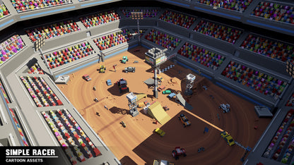 A dirt race track built into the middle of a stadium with cars and bikes racing through it